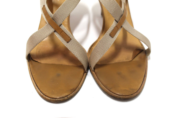 Hermes Beige Canvas Leather Strappy Heels Sandals Shoes Size 36.5