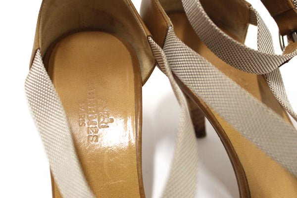 Hermes Beige Canvas Leather Strappy Heels Sandals Shoes Size 36.5