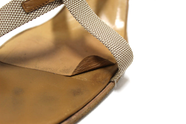 Hermes Beige Canvas Leather Strappy Heels Sandals Shoes Size 36.5