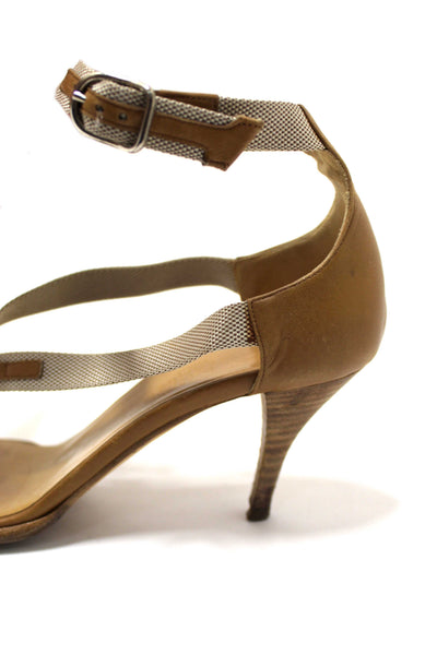 Hermes Beige Canvas Leather Strappy Heels Sandals Shoes Size 36.5