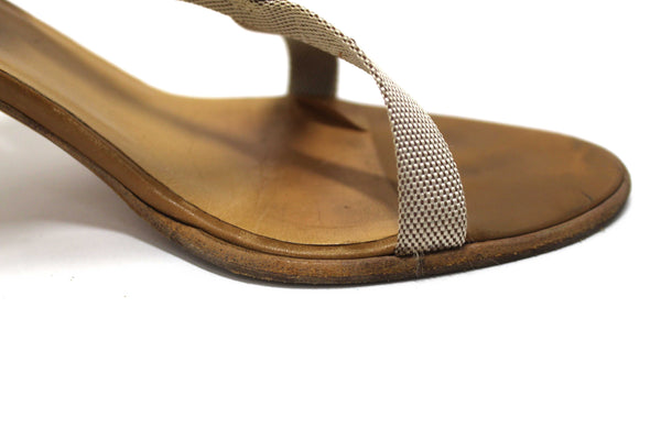 Hermes Beige Canvas Leather Strappy Heels Sandals Shoes Size 36.5