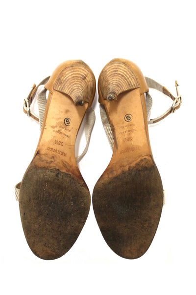 Hermes Beige Canvas Leather Strappy Heels Sandals Shoes Size 36.5