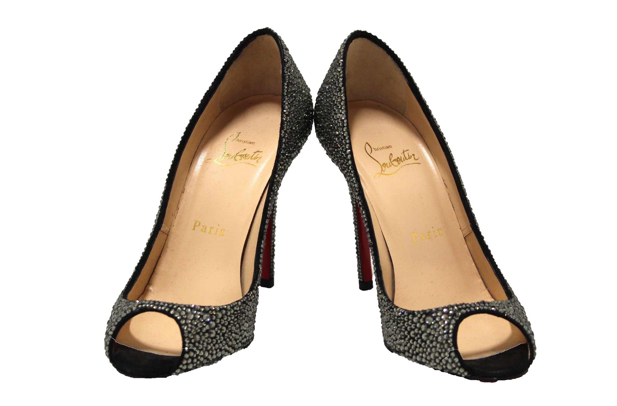 Authentic Christian Louboutin Black Crystal Strass Peep Toe 100mm Pumps Shoes Size 36 Italy Station