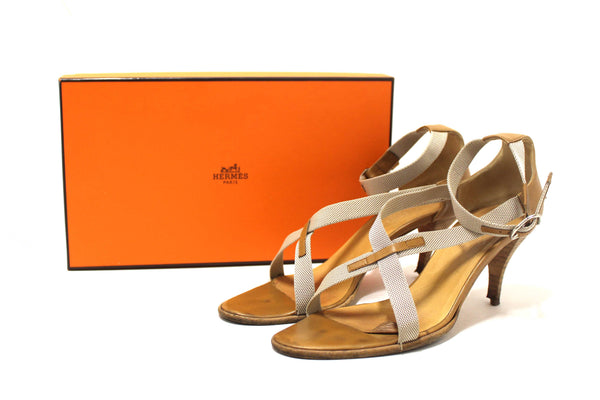 Hermes Beige Canvas Leather Strappy Heels Sandals Shoes Size 36.5