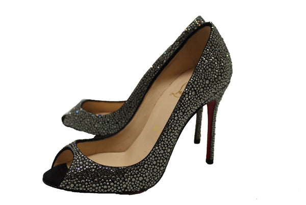 Christian Louboutin Black Crystal Strass Peep Toe 100mm Pumps Shoes Size 36