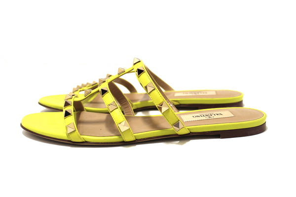 Valentino Yellow Calfskin Leather Rockstud Slide Sandals Shoes Size 36.5