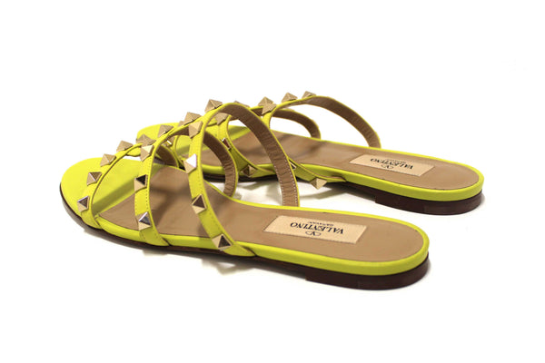 Valentino Yellow Calfskin Leather Rockstud Slide Sandals Shoes Size 36.5