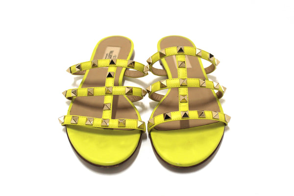Valentino Yellow Calfskin Leather Rockstud Slide Sandals Shoes Size 36.5