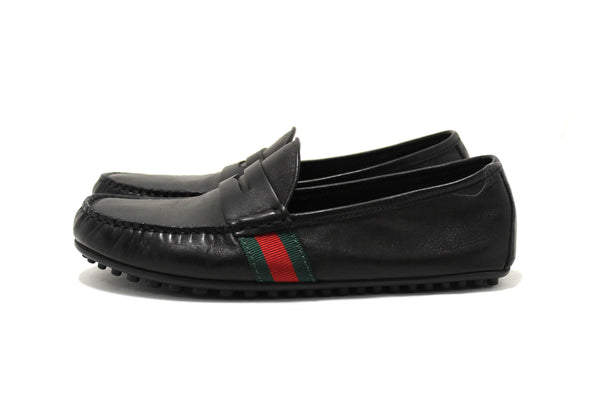 Gucci Black Calf Leather Kid's Driver with Web Detail Loafers Size 4.5