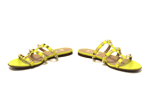 Valentino Yellow Calfskin Leather Rockstud Slide Sandals Shoes Size 36.5