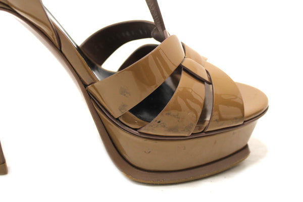 Yves Saint Laurent YSL Brown Patent Leather Tribute Platform Sandals Size 37