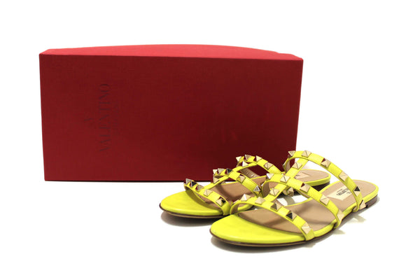Valentino Yellow Calfskin Leather Rockstud Slide Sandals Shoes Size 36.5