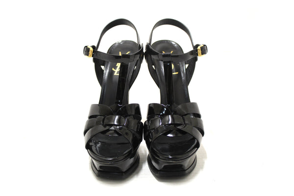 Yves Saint Laurent YSL Black Patent Leather Tribute Platform Sandals Size 37