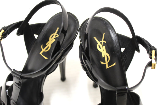 Yves Saint Laurent YSL Black Patent Leather Tribute Platform Sandals Size 37