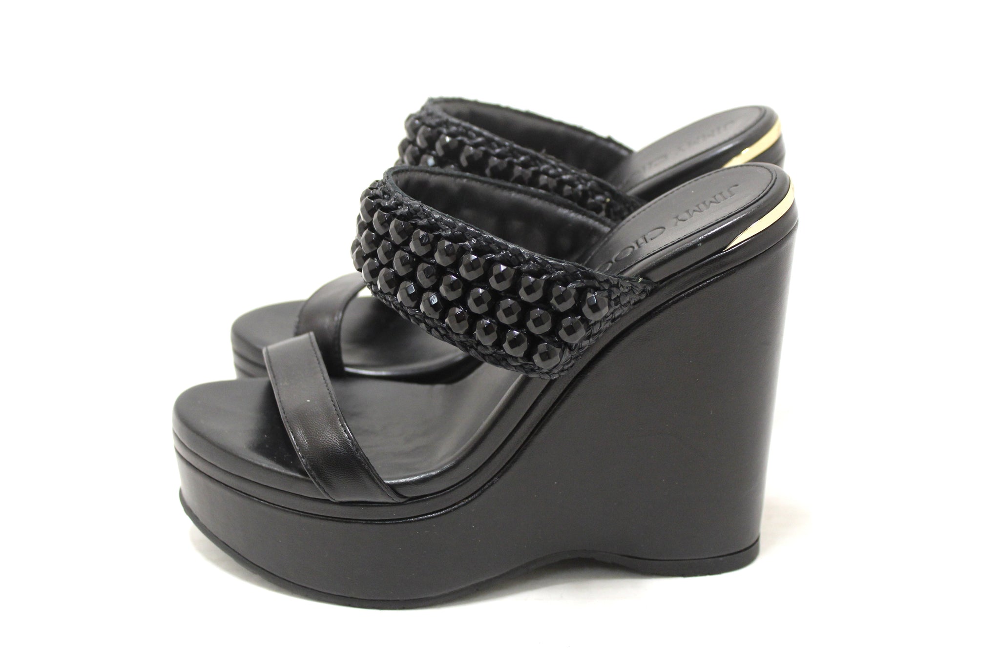 Jimmy Choo Black Leather Amoure Beaded Wedge Sandals Shoes Size 37