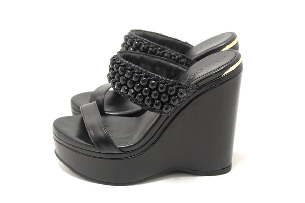 Jimmy Choo Black Leather Amoure Beaded Wedge Sandals Shoes Size 37