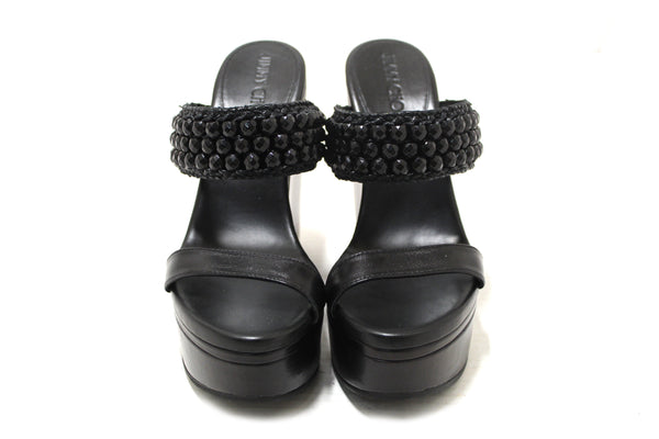 Jimmy Choo Black Leather Amoure Beaded Wedge Sandals Shoes Size 37