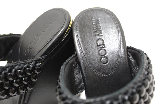 Jimmy Choo Black Leather Amoure Beaded Wedge Sandals Shoes Size 37