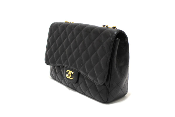 Chanel Black Quilted Caviar Leather Classic Jumbo Single Flap Bag