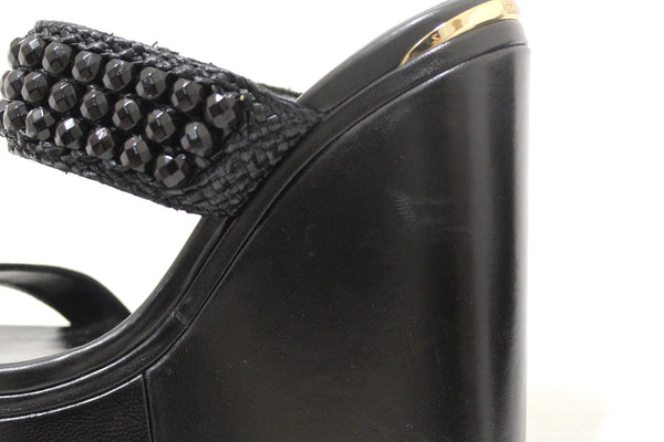 Jimmy Choo Black Leather Amoure Beaded Wedge Sandals Shoes Size 37