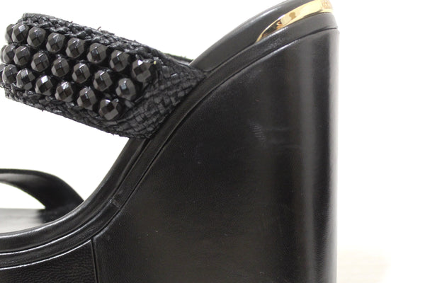 Jimmy Choo Black Leather Amoure Beaded Wedge Sandals Shoes Size 37
