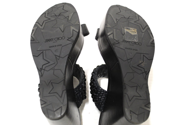 Jimmy Choo Black Leather Amoure Beaded Wedge Sandals Shoes Size 37