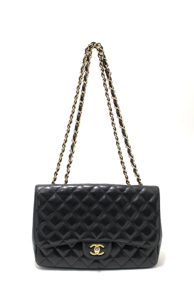 Chanel Black Quilted Caviar Leather Classic Jumbo Single Flap Bag