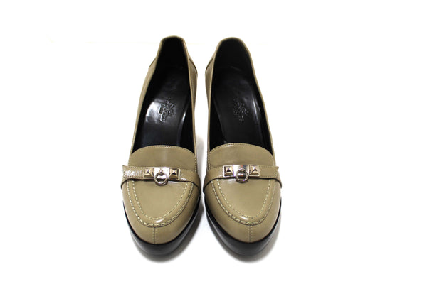 New Hermes Etoupe Leather Kelly Loafer Pumps Shoes Size 36.5