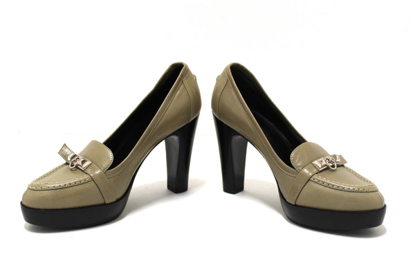 New Hermes Etoupe Leather Kelly Loafer Pumps Shoes Size 36.5
