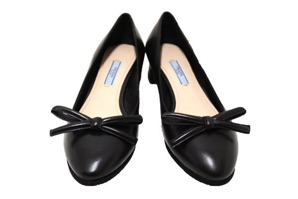 New Prada Bow Black Calfskin Leather Pumps Size 37