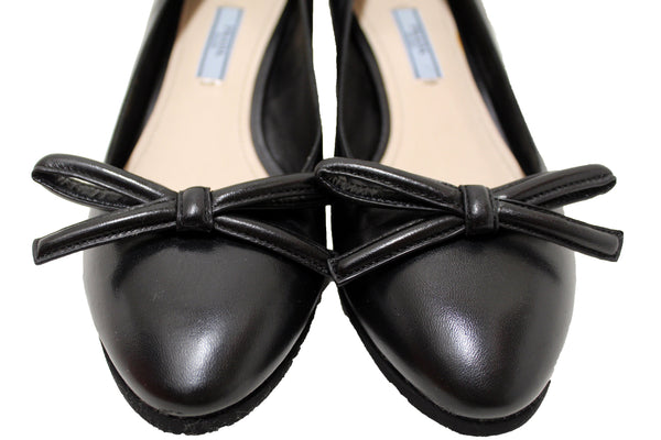New Prada Bow Black Calfskin Leather Pumps Size 37