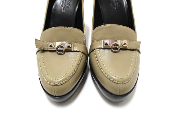 New Hermes Etoupe Leather Kelly Loafer Pumps Shoes Size 36.5