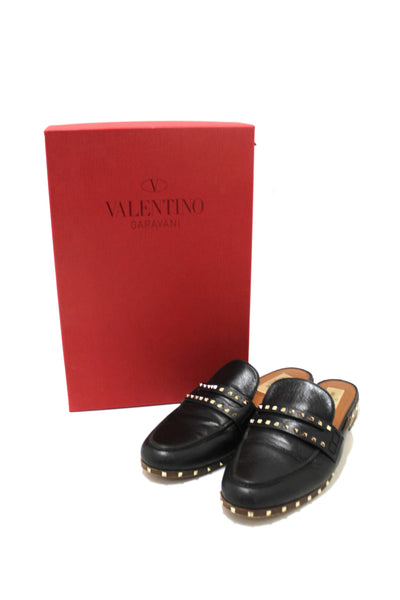 Valentino Black Leather Rockstuds Mules Flat Shoes Size 36.5
