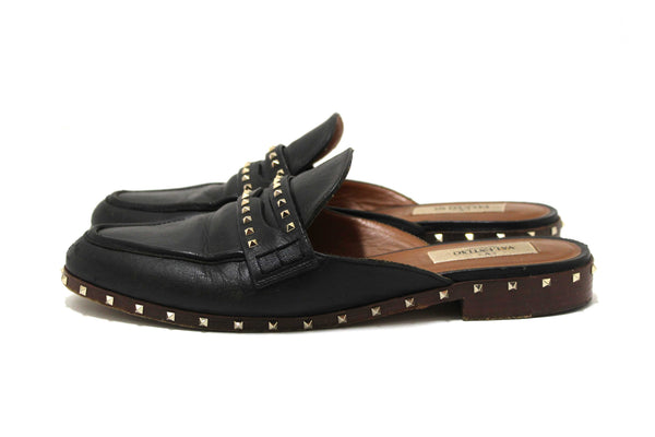 Valentino Black Leather Rockstuds Mules Flat Shoes Size 36.5