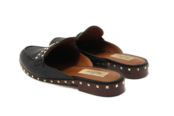 Valentino Black Leather Rockstuds Mules Flat Shoes Size 36.5