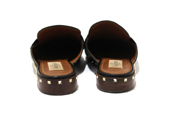 Valentino Black Leather Rockstuds Mules Flat Shoes Size 36.5