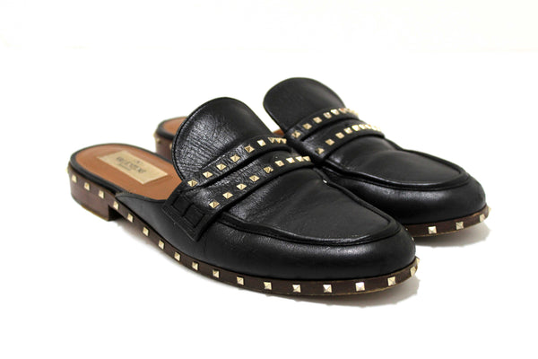 Valentino Black Leather Rockstuds Mules Flat Shoes Size 36.5
