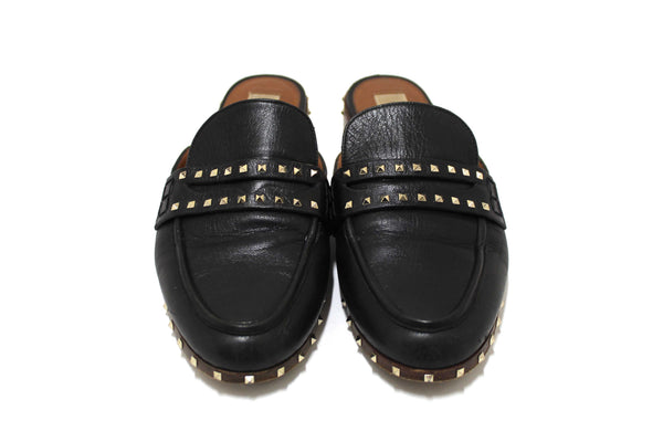 Valentino Black Leather Rockstuds Mules Flat Shoes Size 36.5