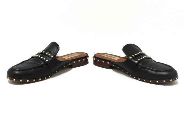 Valentino Black Leather Rockstuds Mules Flat Shoes Size 36.5