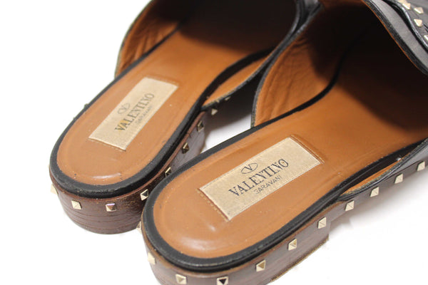 Valentino Black Leather Rockstuds Mules Flat Shoes Size 36.5