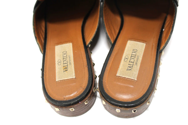 Valentino Black Leather Rockstuds Mules Flat Shoes Size 36.5