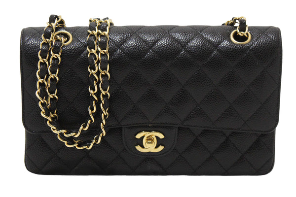 Chanel Classic Black Quilted Caviar Leather Classic Medium Double Flap Bag