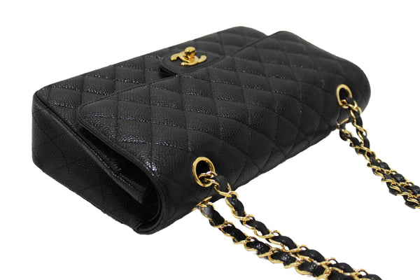 Chanel Classic Black Quilted Caviar Leather Classic Medium Double Flap Bag
