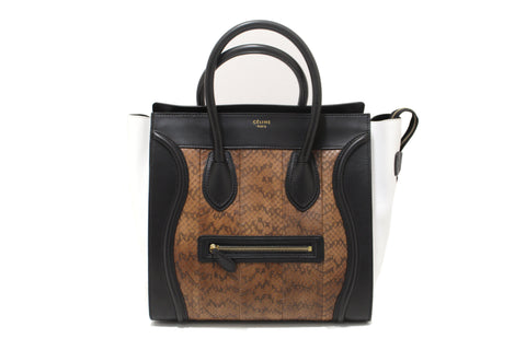 Celine Large Black/White/Brown Python Tri-Color Luggage Handbag