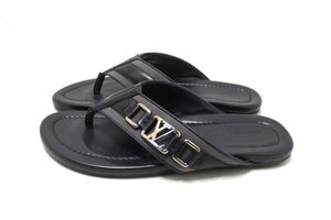 New Louis Vuitton Black Leather Atoll Thong Slipper Sandals Shoes Size 8