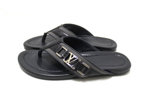 New Louis Vuitton Black Leather Atoll Thong Slipper Sandals Shoes Size 8
