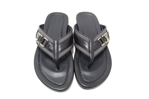 New Louis Vuitton Black Leather Atoll Thong Slipper Sandals Shoes Size 8