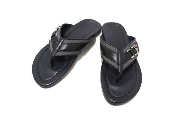 New Louis Vuitton Black Leather Atoll Thong Slipper Sandals Shoes Size 8
