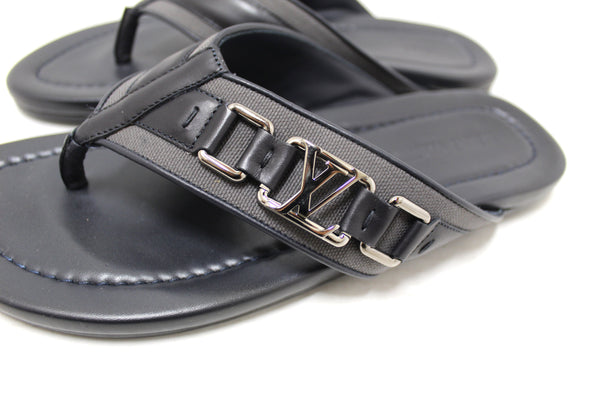 New Louis Vuitton Black Leather Atoll Thong Slipper Sandals Shoes Size 8