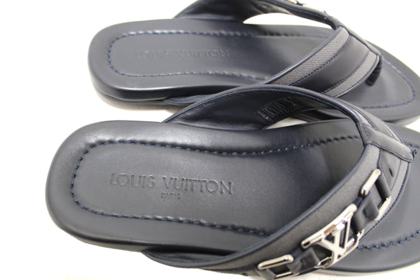 New Louis Vuitton Black Leather Atoll Thong Slipper Sandals Shoes Size 8